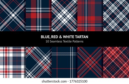 Blue red white plaid set. Seamless textured tartan decorative check plaid for flannel shirt, skirt, duvet cover, throw, tablecloth, or other modern autumn winter backdrop design.