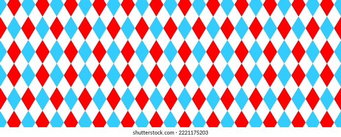 Blue, red and and white rhombus seamless pattern. Harlequin, clown, joker or jester costume ornament. Circus, masquerade, carnival background. Vector flat illustration