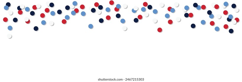 Blue, red, white round shaped confetti isolated on background. 4th July, Independence day party decor, invitation. Web banner in Usa, Czech, Russia flag colors. Top view, flat lay, empty copy space