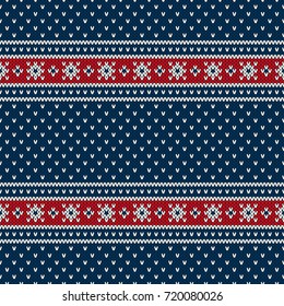 Blue, Red and White Seamless Knitted Pattern. Christmas and New Year Holiday Design Background with a Place for Text
