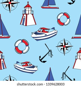 Blue, red and white seamless vector background with elements of sailboat, anchor, rescue hoop and compass. Perfect for fabric, gift wrap, wall paper, scrapbooking, invitations, home decor, quilting.