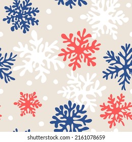 Blue red white Snowflakes paper cutout shapes Xmas vector seamless pattern. Matisse style Winter wonderland background. Merry Christmas Happy New Year Holiday season print for gift wrapping paper.