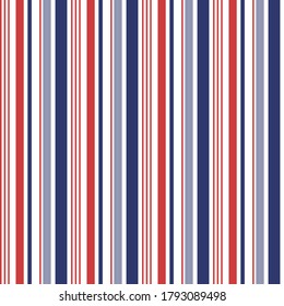 Blue, red, white stripe pattern vector. Seamless vertical irregular lines background vector for dress, shirt, wallpaper, or other modern textile or paper print.