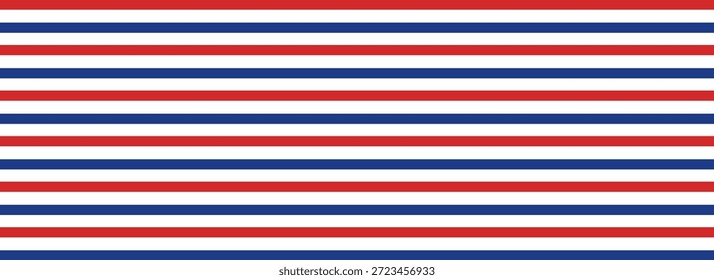 Blau, rot-weiß gestreifter Hintergrund. Horizontale Seemannslinien, Bänder, Striche bilden nahtlose nautische Textur mit patriotischen Farben. Vektormuster für Stoff.Eps10