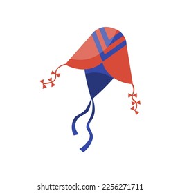 Blue and red wind kite with ornament vector illustration. Cartoon kite festival toy of fish or jellyfish shape with ribbon tail isolated on white background. Kids toys concept