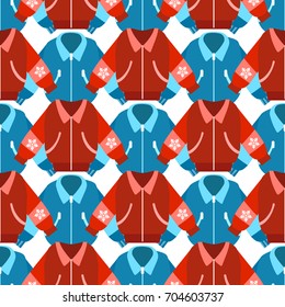 Blue and red winter sport jackets seamless pattern, vector illustration
