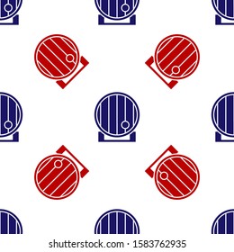 Blue and red Wooden barrel icon isolated seamless pattern on white background. Alcohol barrel, drink container, wooden keg for beer, whiskey, wine.  Vector Illustration