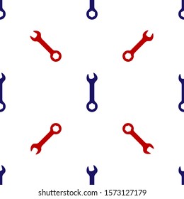 Blue and red Wrench icon isolated seamless pattern on white background. Spanner repair tool. Service tool symbol.  Vector Illustration