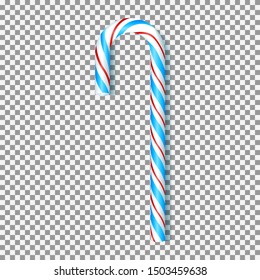 Blue and red Xmas candy cane isolated on transparent background. Vector illustration. Top view on realistic sweet icon. Template for Christmas and New Year greeting cards.