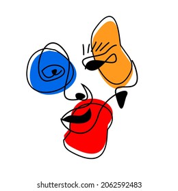 Blue Red Yellow abstract face one line drawing. Face Portrait minimalistic style. 
One line with three color drawing abstract face. Modern continuous line art face for interior and wall poster.