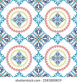Blue, red, yellow damask vector seamless pattern. Talavera pattern. Indian patchwork. Azulejos portugal. Turkish Tiles. Moroccan tile mosaic. Spanish pottery. Mediterranean wallpaper.