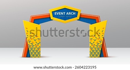 Blue, red and yellow event arch or entrance gate mockup, vector 3D template. Event arch for exhibition or expo entry welcome archway for sport marathon start and finish gate or concert entrance
