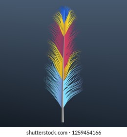 Blue red yellow feather icon. Realistic illustration of blue red yellow feather vector icon for web design