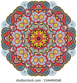 Blue, red and yellow floral pattern. Zentagle. Colored symmetrical mandala.