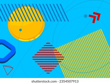 Blue, red and yellow geometrical graphic retro theme background. Minimal geometric elements poster, banner, cover design. Vintage abstract shapes template.