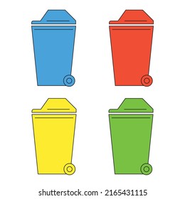 Blue, red, yellow and green dumpster on a white background.