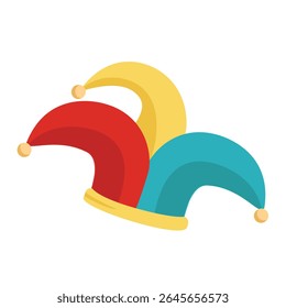 Ícone azul, vermelho e amarelo do chapéu de bobo. Chapéu de bobo de circo isolado no fundo branco. Humor e foolery para performance de comédia. Ilustração vetorial