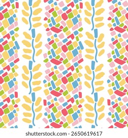 Blue with red, yellow leaves and mosaic stripe patterns on white background, illustrations, vector aesthetic for wallpaper, wall decor, templates covers, art prints .