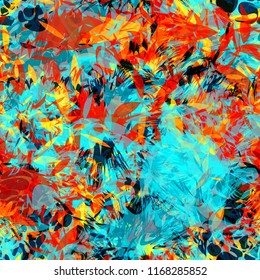 Blue, red, yellow, orange, brown colors. Different elements. Seamless texture. Abstract vector background for web page, banners backdrop, fabric, home decor, wrapping