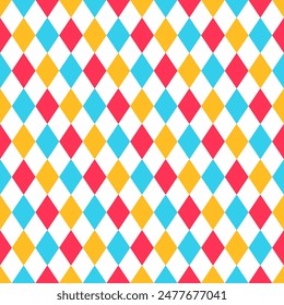 Blue red yellow rhombus seamless pattern. Circus lozenge backgrounds. Vector illustration. Checkered diamond textures. Harlequin plaid prints. Modern argyle geometric backdrops.