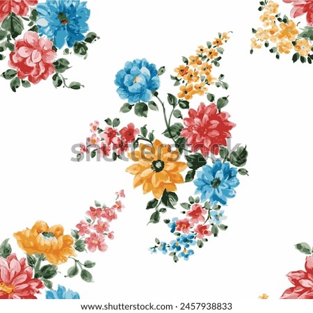 blue red and yellow vector flowers with leaves bunches pattern on white background