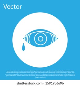 Blue Reddish eye due to viral, bacterial or allergic conjunctivitis icon isolated on blue background. White circle button. Vector Illustration