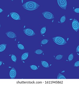 Blue Reddish eye due to viral, bacterial or allergic conjunctivitis icon isolated seamless pattern on blue background.  Vector Illustration