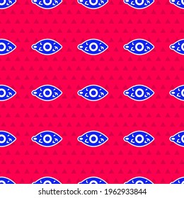 Ojo Rojo Azul debido a un icono de conjuntivitis viral, bacteriana o alérgica aislado sin fisuras en el fondo rojo.  Vector