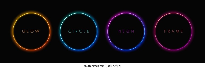 Blue, red-purple, green illuminate frame collection design. Abstract cosmic vibrant color circle backdrop. Top view futuristic style. Set of glowing neon lighting on dark background with copy space.