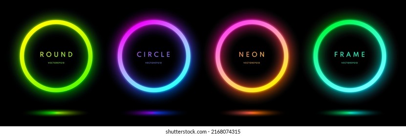 Blue  red  purple  green illuminate frame collection design  Abstract cosmic vibrant color circle border  Top view futuristic style  Set glowing neon lighting isolated background and copy space 