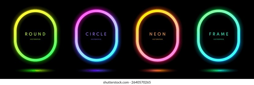 Blue, red-purple, green illuminate frame collection design. Abstract cosmic vibrant color round border. Top view futuristic style. Set of glowing neon lighting isolated on background with copy space.