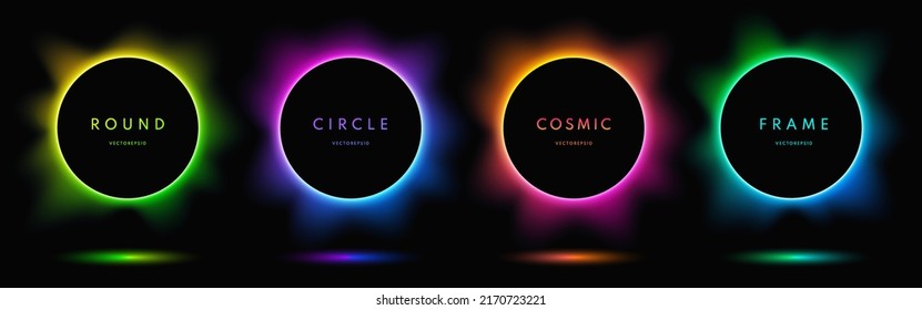 Blue, red-purple, green illuminate light frame collection design. Abstract cosmic vibrant color circle border. Top view futuristic style. Set of glowing neon lighting isolated on black background.