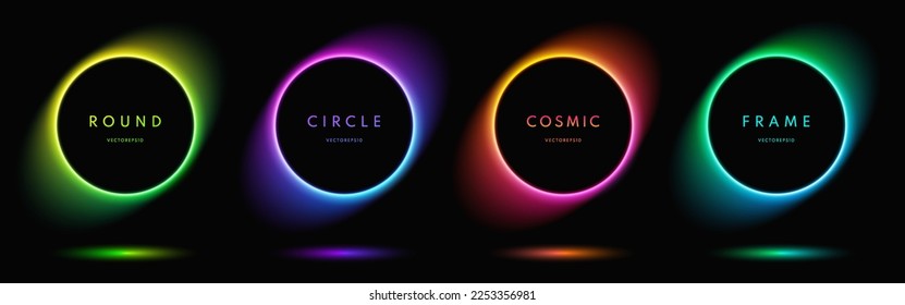 Blue, red-purple, green illuminate neon light round frame design. Abstract cosmic vibrant colorful circle border. Top view futuristic style. Set of glowing neon lighting isolated on black background. - Shutterstock ID 2253356981