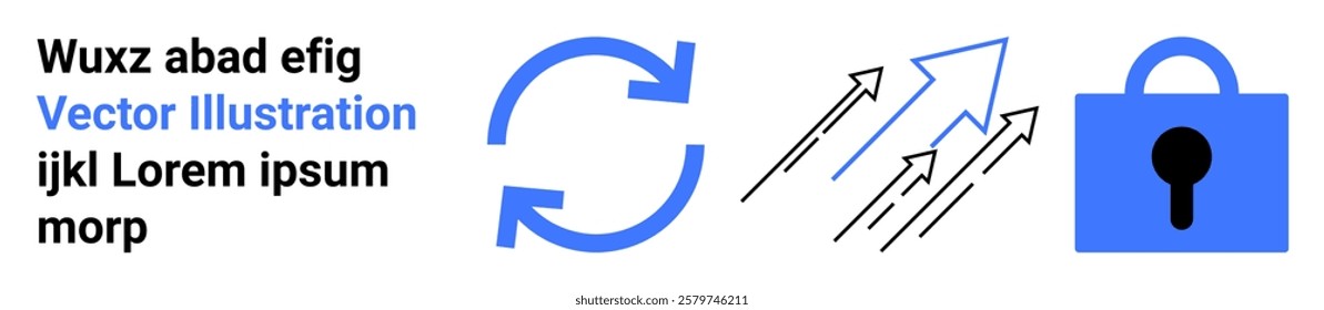 Blue refresh arrows, ascending arrows, and a lock represent synchronization, growth, and security. Ideal for tech, security, data flow, growth concepts, digital innovation. Banner for landing page