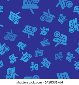 Blue Refresh shopping basket icon isolated seamless pattern on blue background. Online buying concept. Delivery service sign. Update supermarket basket symbol. Vector Illustration