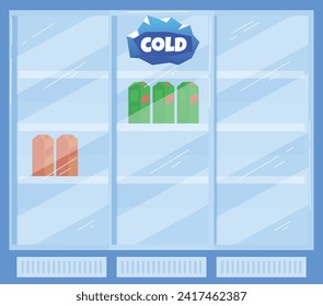 Blue refrigerator with a COLD sign displaying milk and juice cartons inside. Clear glass with visible shelves. Commercial fridge or cooler in a store vector illustration.