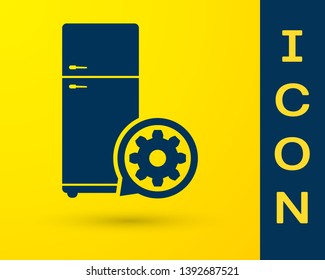 Blue Refrigerator and gear icon isolated on yellow background. Adjusting app, service concept, setting options, maintenance, repair, fixing. Vector Illustration