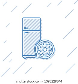 Blue Refrigerator and gear line icon isolated on white background. Adjusting app, service concept, setting options, maintenance, repair, fixing. Vector Illustration