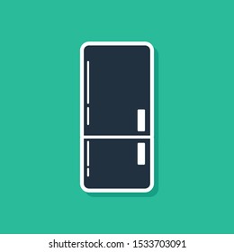 Blue Refrigerator icon isolated on green background. Fridge freezer refrigerator. Household tech and appliances.  Vector Illustration