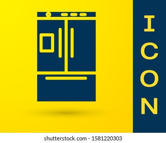 Blue Refrigerator icon isolated on yellow background. Fridge freezer refrigerator. Household tech and appliances.  Vector Illustration