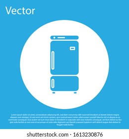 Blue Refrigerator icon isolated on blue background. Fridge freezer refrigerator. Household tech and appliances. White circle button. Vector Illustration