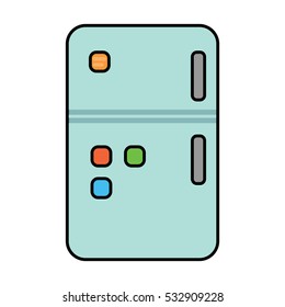 Blue refrigerator into two compartments with colored magnets on the door