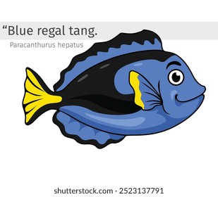 Blue regal tang Cartoon illustration. marine animal isolated. Animal illustration collection. Blue regal tang Cartoon character