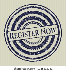 Blue Register Now distressed rubber seal