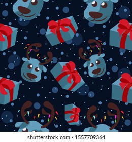 Blue reindeer head with presents with bow and ribbon, seamless pattern. Repetitive background with christmas light decorations and snow falling, winter holidays.