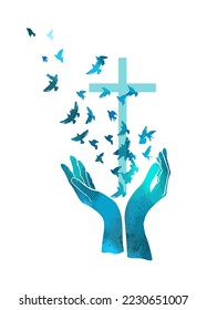 blue religious cross in hand. Flying birds of the world. Vector illustration