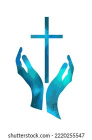 blue religious cross in hand. Vector illustration