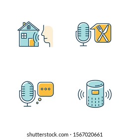 Blue remote control system color icons set. Virtual assistance tools idea. Microphones, speaker. Speech recognition equipment. Smart home technology, food order. Isolated vector illustrations
