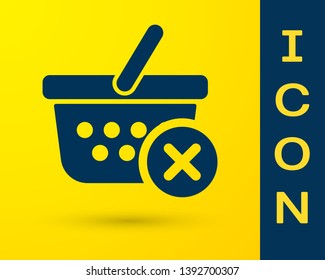 Blue Remove shopping basket icon isolated on yellow background. Online buying concept. Delivery service sign. Supermarket basket and X mark. Vector Illustration