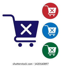 Blue Remove shopping cart icon isolated on white background. Online buying concept. Delivery service sign. Supermarket basket and X mark symbol. Set color icon in circle buttons. Vector Illustration